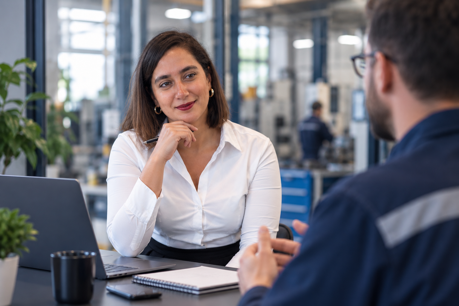 Imane échange avec un professionnel de l'entreprise technique dans un environnement industriel